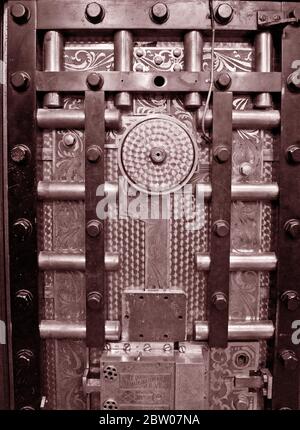 Old Antique Vault door, inside, bars, wheels, dials, steel, strong Stock Photo