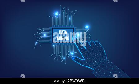 Data mining  concept. Chip and hand from triangles and points on dark blue background. Stock Vector