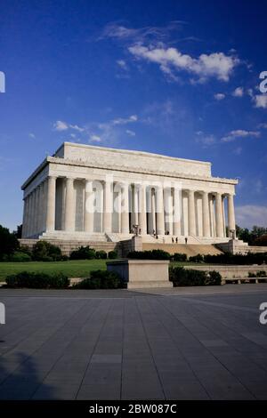 Lincoln Memorial, Washington, D.C.  Photographed in the morning, color vertical photograph.  Blue sky, with clouds, good copy space. Stock Photo