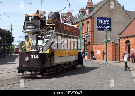 Open-top tram in the '1900s Town' at Beamish Museum in County Durham, England Stock Photo