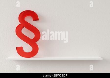 Red glass section sign on white shelf on wall background, law, justice or legal concept with copy space, 3D illustration Stock Photo