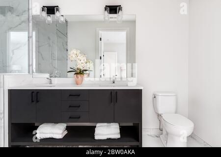 A beautiful bathroom with a dark vanity and white granite counter top. A plant and towels sit on the vanity. The shower is lined with marble tiles. Stock Photo