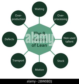 The eight wastes on Lean methodology process circle and hexagon diagram infographics. Waiting, overproduction, stock, motion, transport, defects. Gree Stock Vector