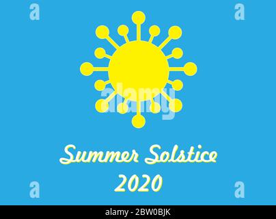 Summer solstice 2020 greeting card sad ironic with covid 19 coronavirus instead of the sun. Yellow on blue background Stock Vector