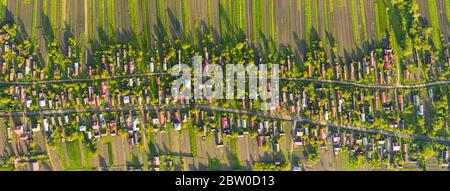 Birds eye view of traditional village, Ukraine. Many huts among the green trees, well-groomed farmland nearby, dirt roads stretch along the village Stock Photo