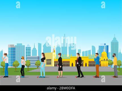 People must keep their distance and line up in an orderly way when entering various locations.  To prevent virus covid-19 infection Stock Photo