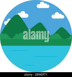 Mountains and lake icon over white background, vector illustration ...