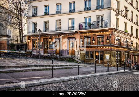 Paris, France, Feb 2020, view of the  “Le Relais de la Butte” restaurant in the heart of Montmartre Stock Photo