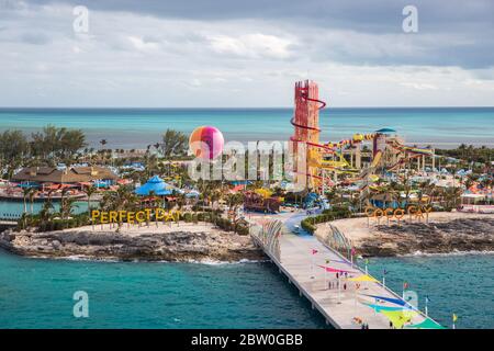 An aerial/drone view of Cococay, the private island post that's owned by the Royal Caribbean cruise line where guests can spend the day having fun. Stock Photo