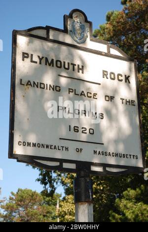 Plymouth, Massachusetts - September 2008: Wide angle view of a sign marking the landing place of the Pilgrims in 1620 Stock Photo