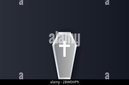 Halloween Coffin. Gray icon on blue dark background.Creative paper cut and craft scene place for your text. Sale vector with coffin and Holiday elemen Stock Vector