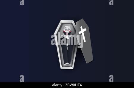 Halloween  Characters of Skeleton in Coffin. Gray icon on blue dark background.Creative paper cut and craft scene place for your text. Sale vector wit Stock Vector
