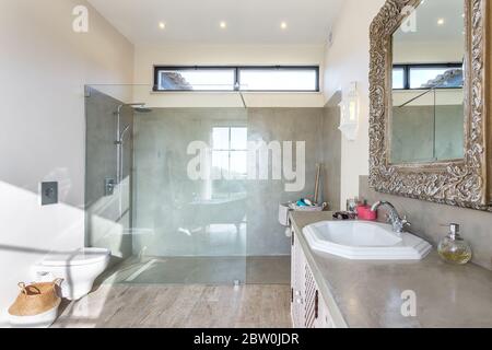 Modern sunny bathroom. European hotel design. Close-up. Stock Photo