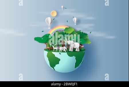 illustration of elephants in forest,Creative Origami design world environment and earth day paper cut and craft concept.Landscape Wildlife animal with Stock Vector