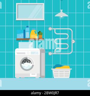 Home laundry with washing machine interior scene. Stock Vector