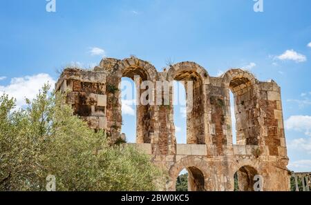 Herodes Atticus Odeon, Herodium ancient theater detail under the ruins of Acropolis, Greece, sunny spring day, blue sky Stock Photo