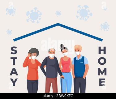 Stay home vector flat cartoon concept. People in face masks standing together. Old and young men and women wearing protective masks to prevent disease, virus spreading. Self isolation poster template. Stock Vector