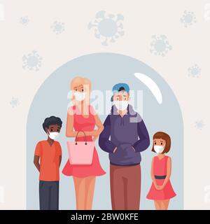 Group of people, man, woman and children in face masks standing under glass dome vector flat cartoon illustration. Quarantine, social distance, and self isolation to protect virus spreading concept. Stock Vector