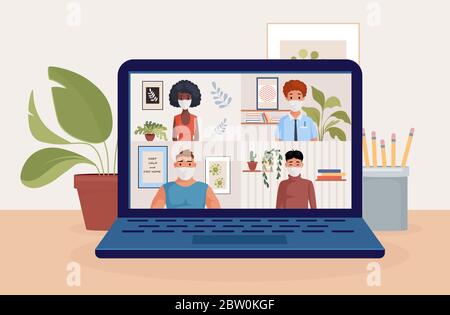 People on laptop screen talking with friends or colleagues vector flat cartoon illustration. Video conference, remote work during self isolation and quarantine. Stay and work at home concept. Stock Vector