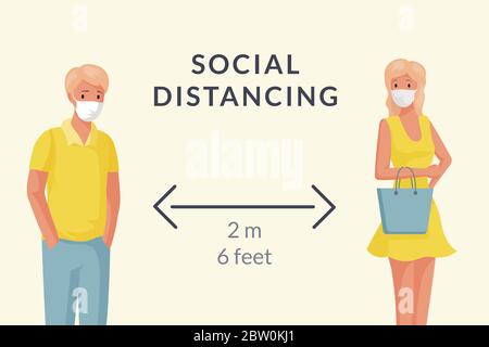 Man and woman characters wearing medical masks and maintain social distancing to prevent coronavirus spreading vector flat cartoon illustration. Quarantine and keep the distance banner concept. Stock Vector