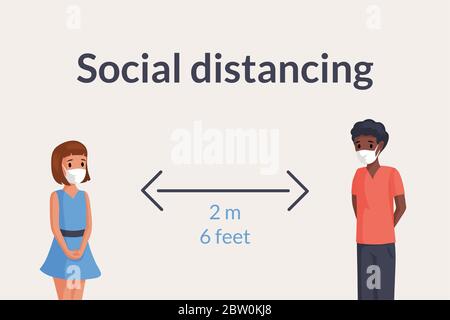 Two children, boy and girl in medical face masks keep safe social distance in public 6 feet or 2 meters during Coronavirus outbreak vector flat illustration. Maintain social distancing. Stock Vector