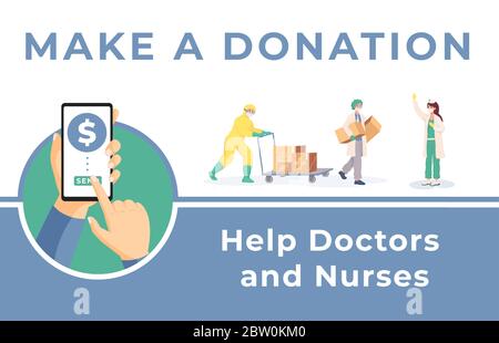 Make donation to help doctors and nurses vector flat cartoon banner template. Medical workers carrying boxes on cart and holding parcels in hands. Humanitarian aid during coronavirus outbreak. Stock Vector