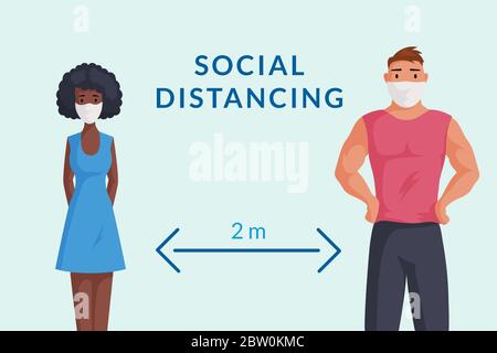 Maintain social distance during quarantine poster template. Man and woman in protective face masks keep social distance 6 feet or 2 meters to prevent virus spread vector flat cartoon illustration. Stock Vector