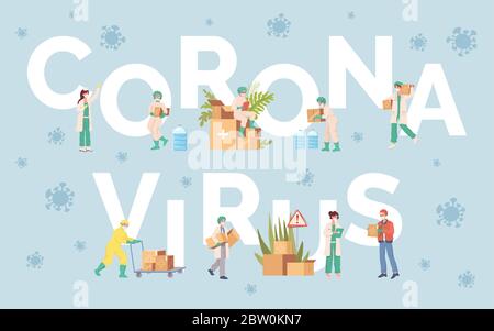 Coronavirus word banner template. Medical workers in uniform and protective suits carrying humanitarian aid, volunteer in protective mask deliver material assistance vector flat cartoon poster design. Stock Vector