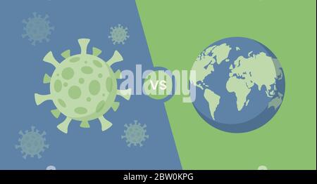 The Earth versus coronavirus cells poster design. Green covid-19 cells and Earth planet vector flat cartoon illustration. Fight and stop the global pandemic of coronavirus banner concept. Stock Vector