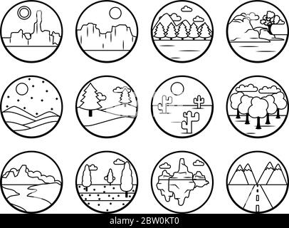 Landscapes icon set over white background, line style, vector ...