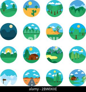 Landscapes icon set over white background, line style, vector ...