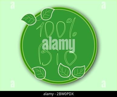 green monochrome round casting shadow icon with one hundred percent bio and five green leaflets Stock Vector