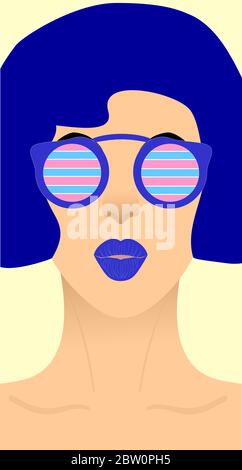 the face of a girl with blue short hair and blue lips in round sunglasses with a blue rim, the glasses of which are painted in pink and blue stripes a Stock Vector