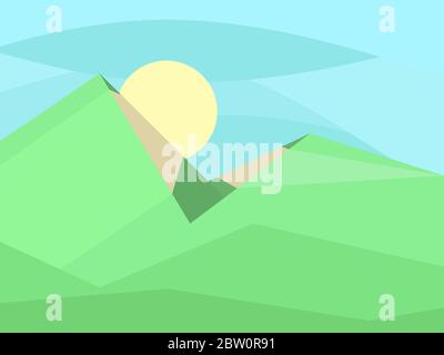 Mountain summer landscape. Green field and sun with blue sky in flat style. Typographic background for advertising, postcards, poster and banner. Vect Stock Vector