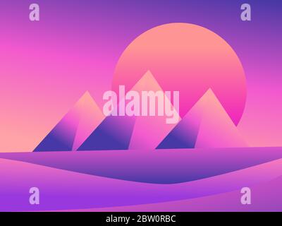 View of the Egyptian pyramids in the desert. Colorful gradients. Desert landscape with dunes on a sunset background. Background for advertising, postc Stock Vector