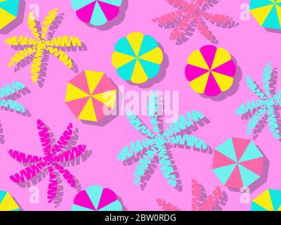 Seamless pattern with beach umbrellas and palm trees on pink background. Beach holidays top view. Summer background for brochures, promotional materia Stock Vector