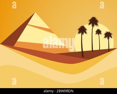 Desert landscape with a pyramid and palm trees. Desert with dunes in flat style. Vector illustration Stock Vector
