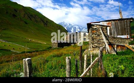 Ancient stone houses of Ushguli, a world heritage site, in the upper Svaneti region of Georgia. Stock Photo