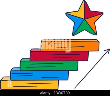 Steps up to the star. Vector Doodle illustration drawn by hand with steps or stairs on top of which is an icon of the star. The path to success and ac Stock Vector