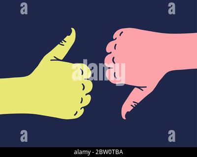 Like and Dislike .Doodle hand drawn vector illustration of colorful like dislike icon in cartoon style. Stock Vector