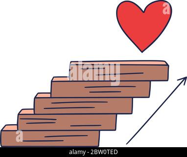 Steps up to the heart. Vector Doodle illustration drawn by hand with steps or stairs on top of which is an icon of the heart. The path to success and Stock Vector