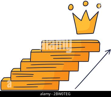 Steps up to the crown. Vector Doodle illustration drawn by hand with steps or stairs on top of which is an icon of the crown. The path to success and Stock Vector