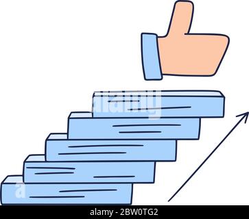 Steps up to the like. Vector Doodle illustration drawn by hand with steps or stairs on top of which is an icon of the thumbs-up. The path to success a Stock Vector