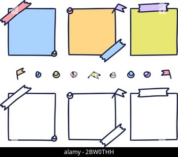 Colorful hand drawn notepaper. paper sheet set in doodle style isolated on white background, pieces of pastel note book pages, memo pad stickers vecto Stock Vector