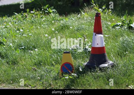Two different traffic cones abandoned on an overgrown unkempt field Stock Photo