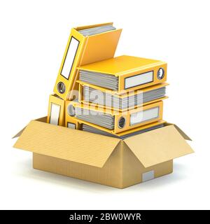 Yellow file folders in cardboard box 3D render illustration isolated on white background Stock Photo