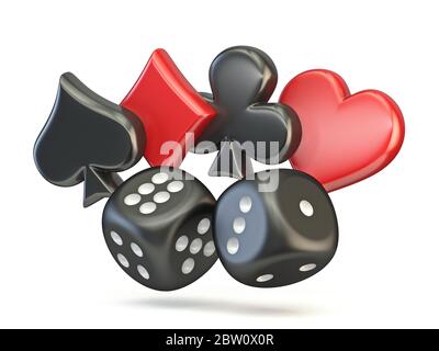 Spade, diamond, club and heart with two black dices 3D render illustration isolated on white background Stock Photo