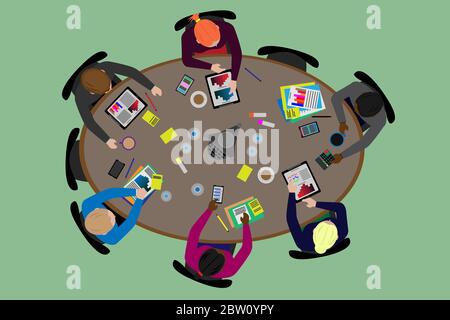 Six financial people seated around a conference table with various tech items viewed from above flat style vector illustration Stock Vector