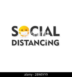 Social Distancing text icon logo with emoticon wearing medical mask - isolated vector illustration Stock Vector