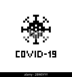 Pixel art 8-bit Coronavirus bacteria cell icon logo on white background COVID-19 text - isolated vector illustration Stock Vector